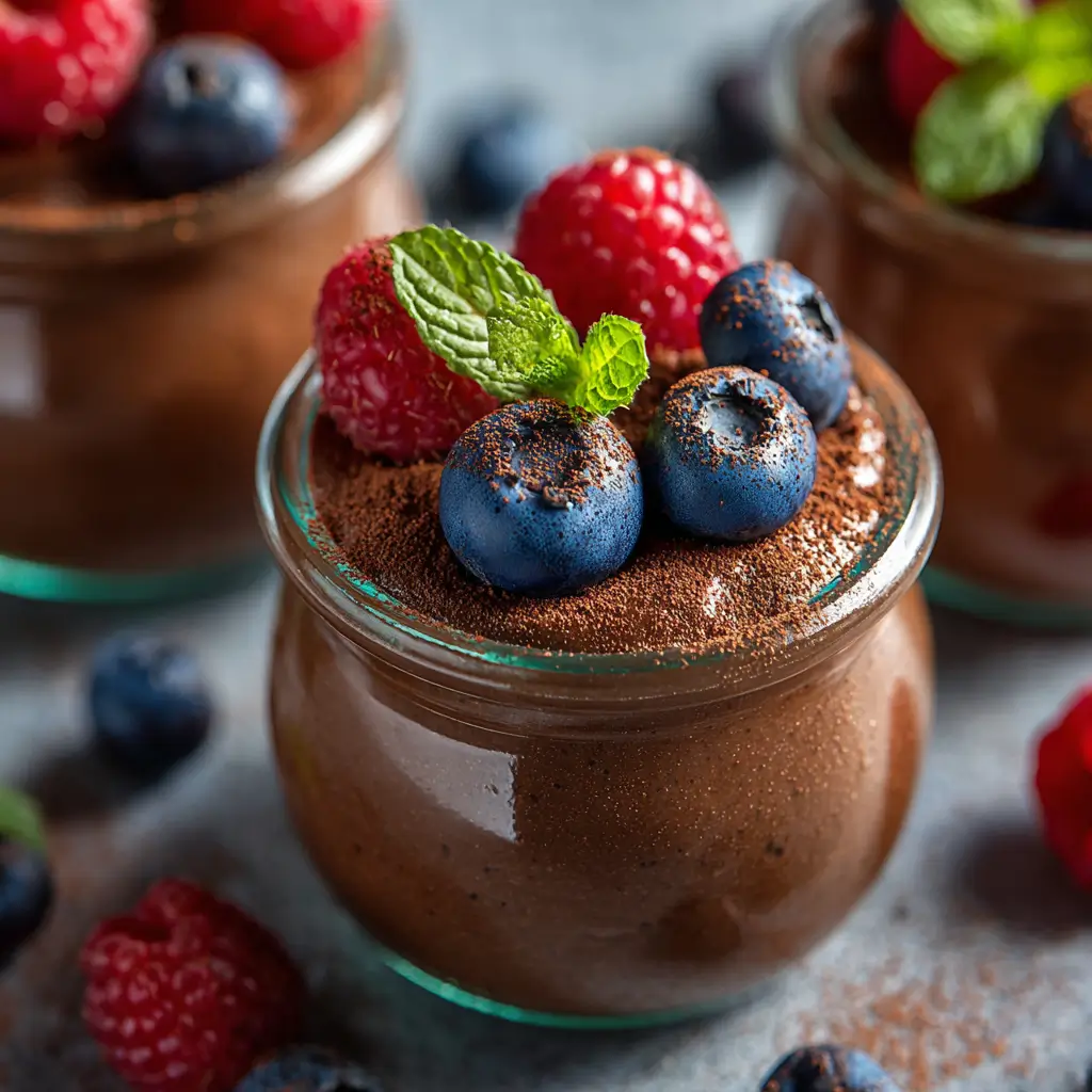 Vegan Chocolate Avocado Mousse in jars with berries and cocoa dust.