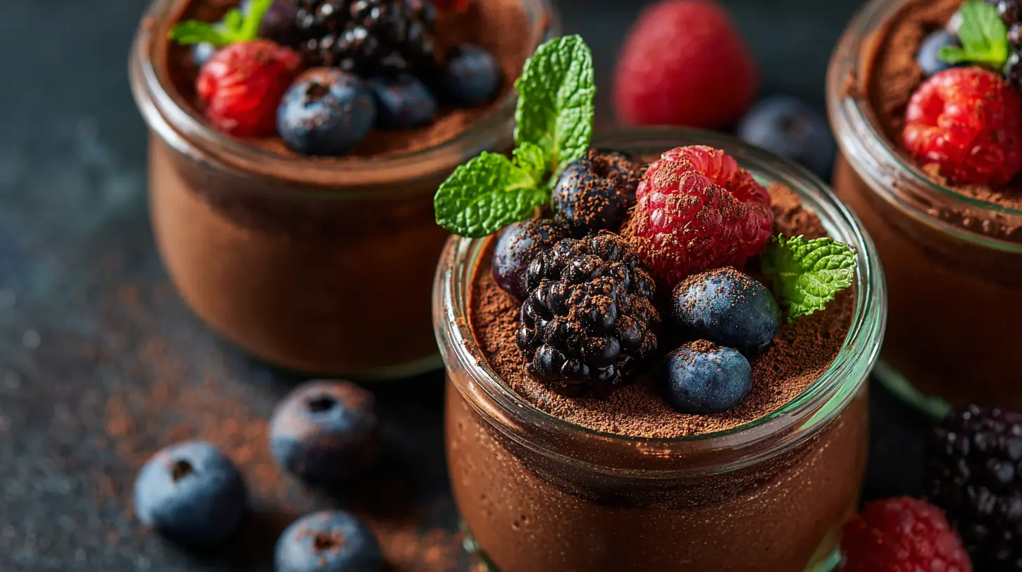 Vegan Chocolate Avocado Mousse in jars with berries and cocoa dust.