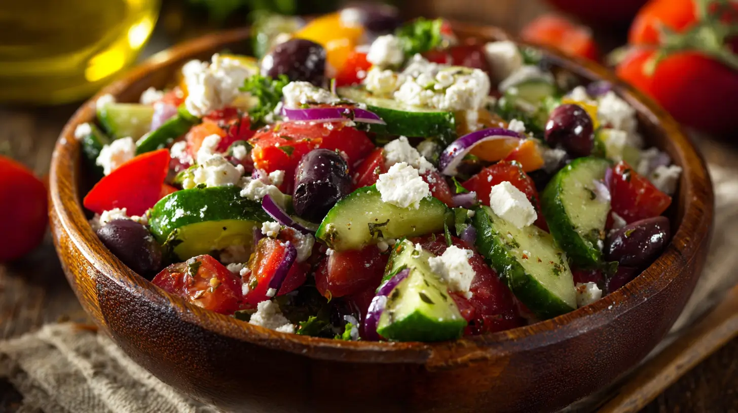 Bowl of chopped Greek salad with feta and olives