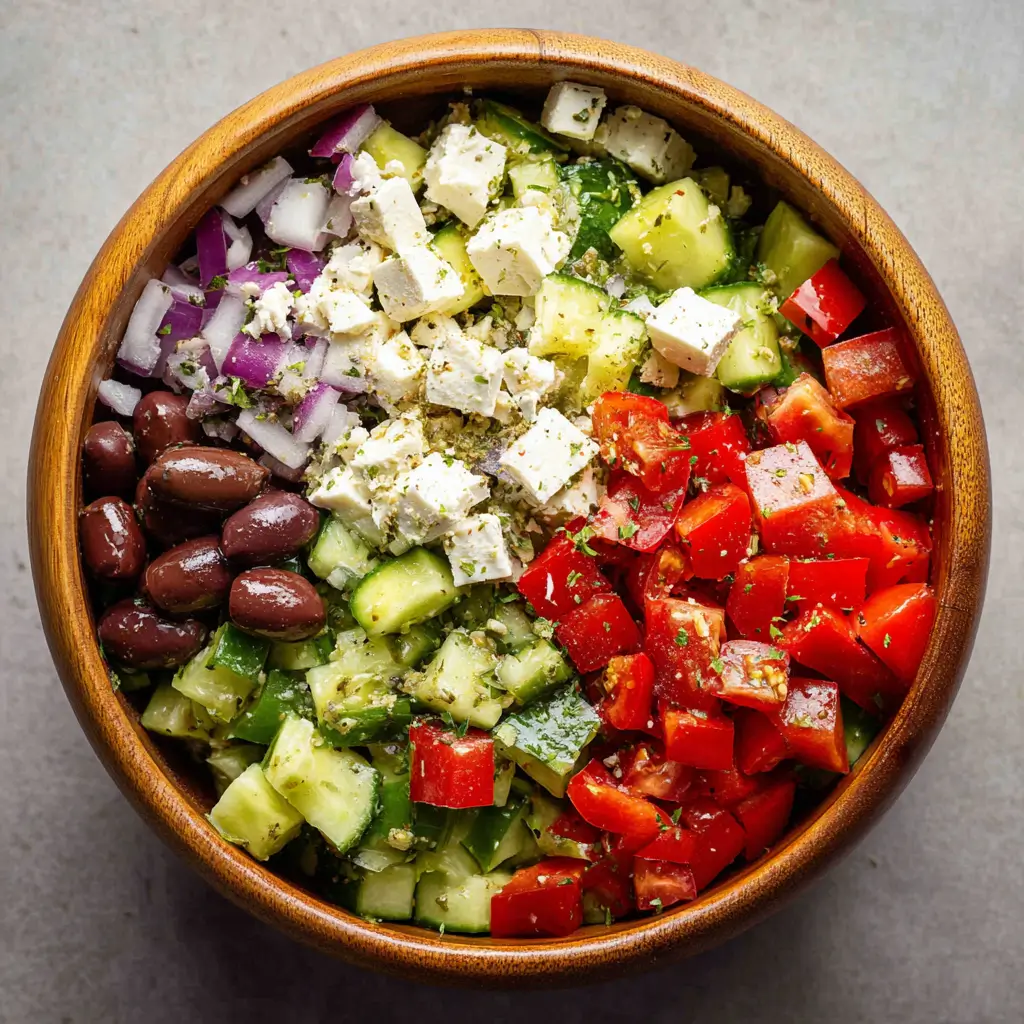Bowl of chopped Greek salad with feta and olives