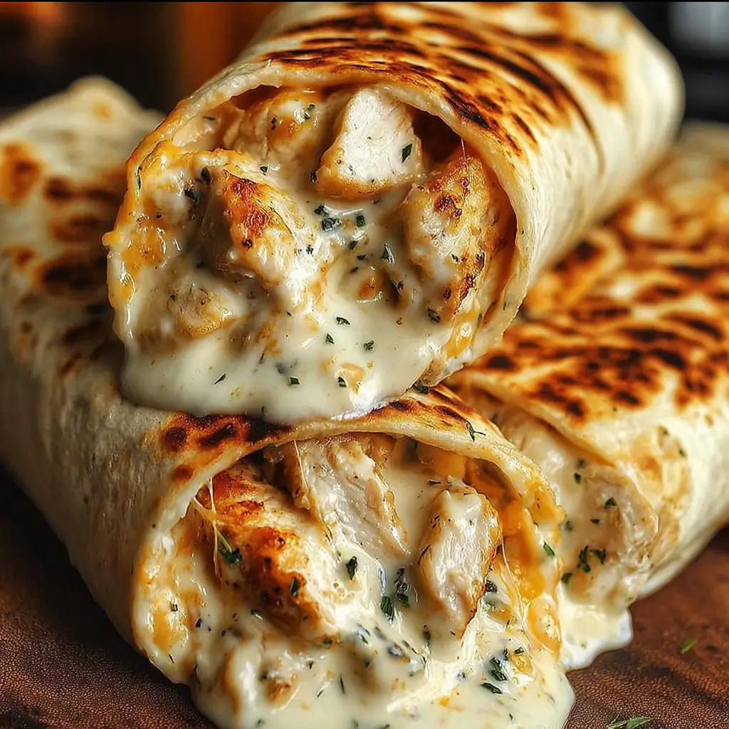 Cheesy garlic chicken wraps cut in half with garlic sauce
