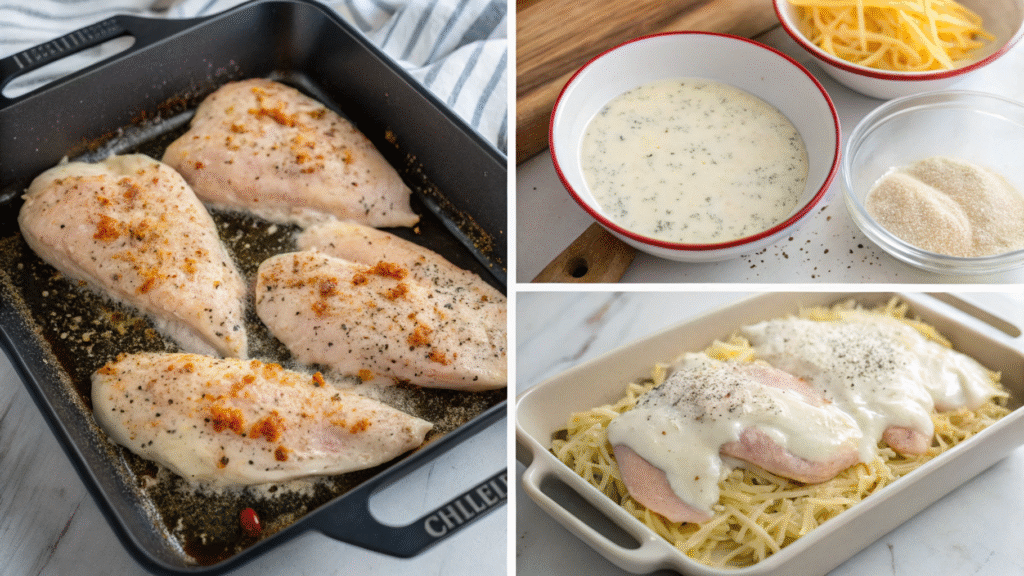 Cooking steps for Creamy Ranch Chicken including seasoning, searing, assembling, and baking.