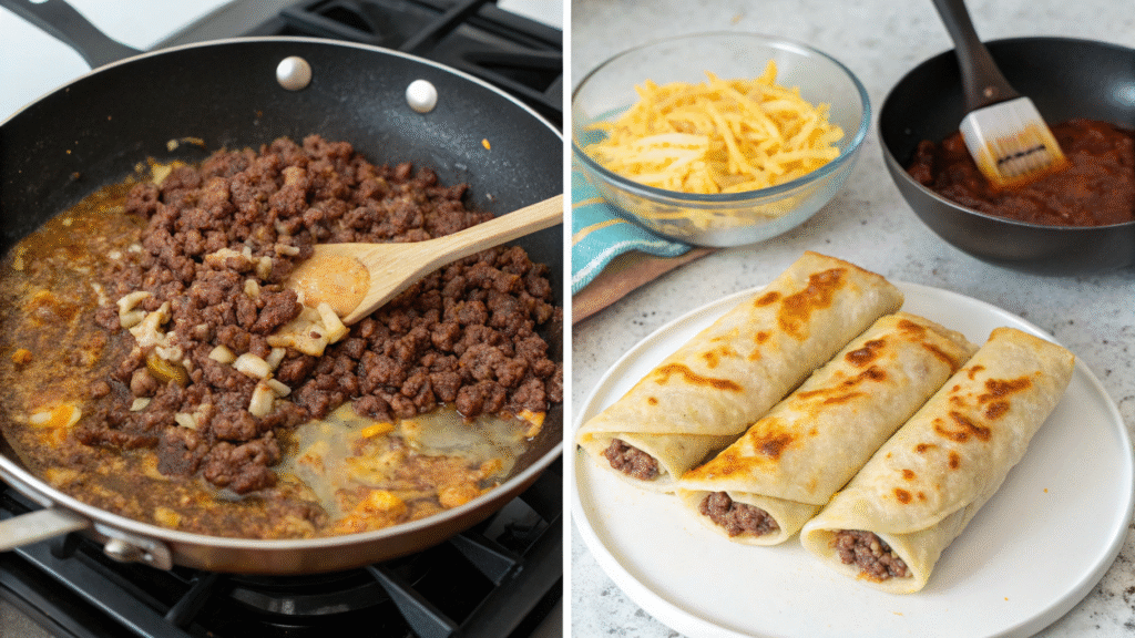 Collage of cooking steps: preparing beef, assembling, and frying chimichangas.