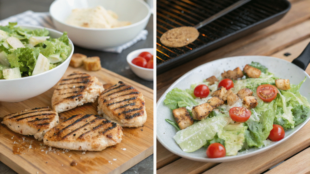 Collage showing steps to prepare grilled chicken Caesar salad from cooking to assembly.