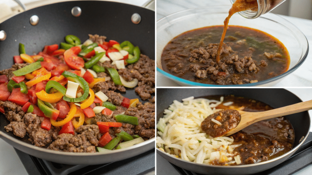 Cooking collage showing the steps from sautéing veggies to melting cheese over beef.