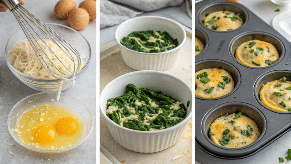 Step-by-step collage showing whisking, mixing, filling, and baking spinach and cheese egg muffins.