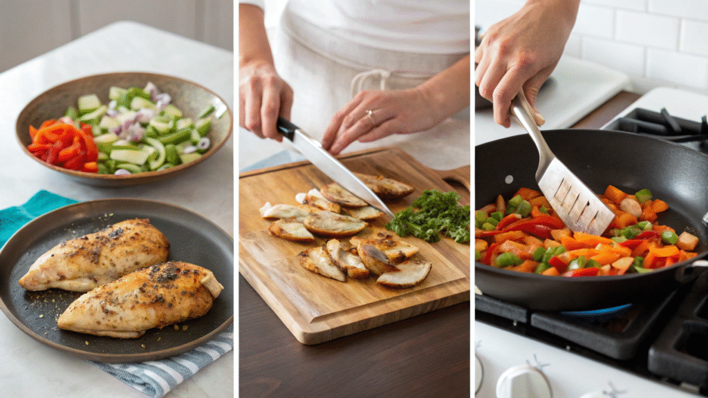 Collage of Hello Fresh cooking steps: chopping, cooking, sautéing, and plating.