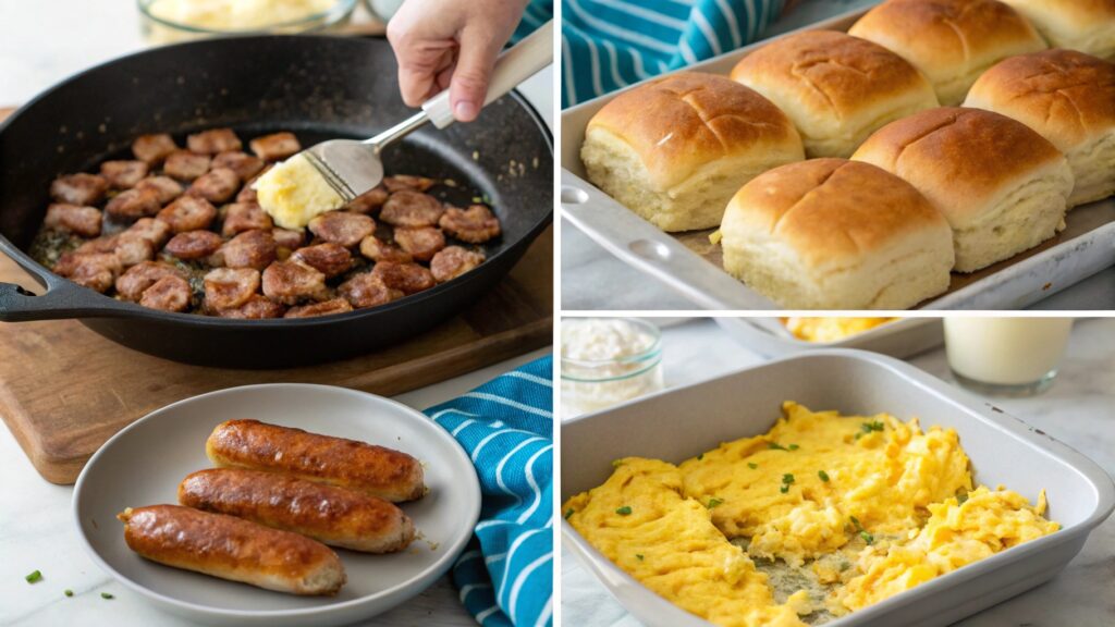 Visual guide to preparing breakfast sliders from cooking to assembling and baking
