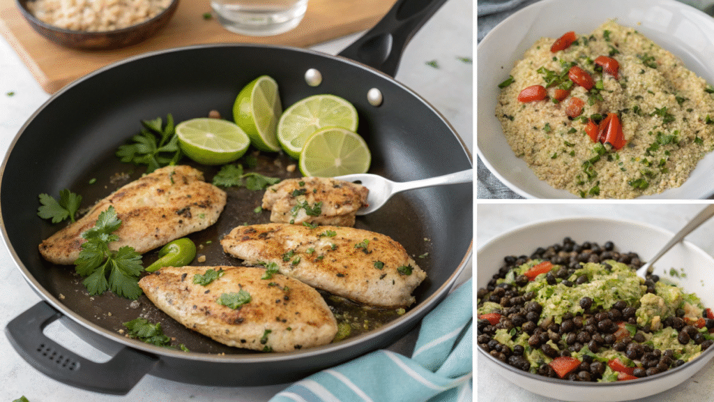 Cooking steps showing marinated chicken, sautéed veggies, and assembling a quinoa bowl.