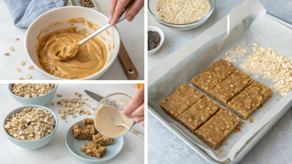 4 images showing steps to make protein bars from mixing to slicing.