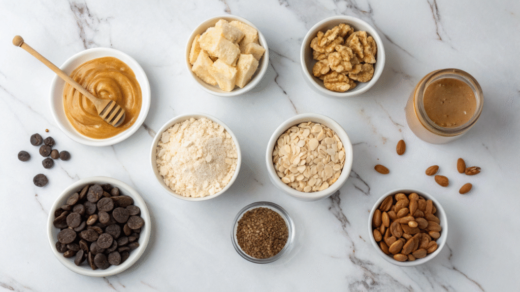 Ingredients for protein bars including oats, nut butter, chocolate chips, and protein powder.