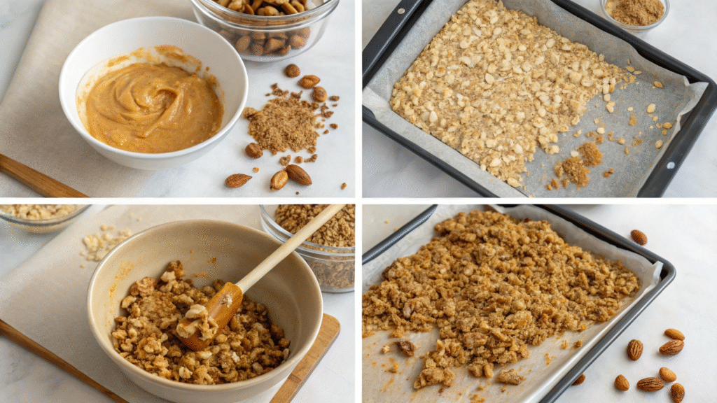 Four steps showing how to mix, bake, and cool peanut butter granola on a tray.