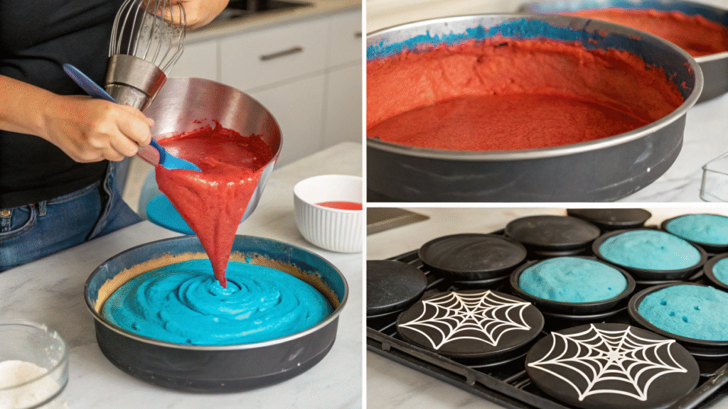 Four steps showing batter mixing, baking, frosting, and decorating a Spiderman cake.