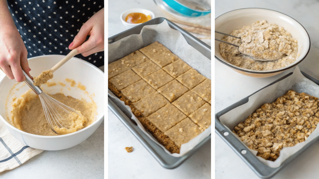 Steps showing how to mix, press, and slice almond flour breakfast bars in a 4-panel collage.