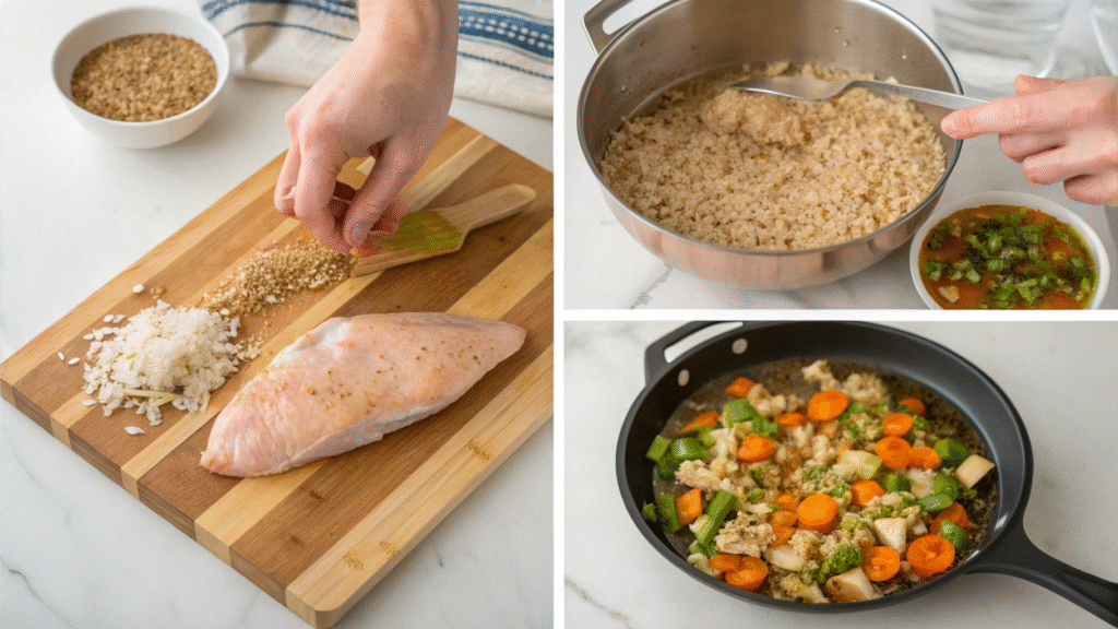 Collage showing steps to make chicken and brown rice: seasoning, cooking, sautéing, and plating.