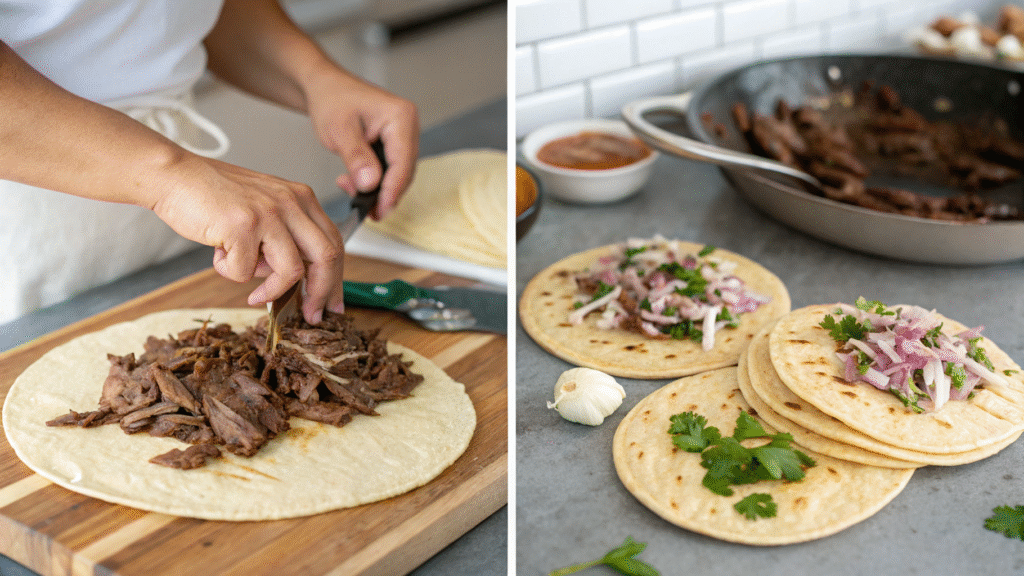 Collage of steps: shredding barbacoa, warming tortillas, assembling tacos, and topping with garnishes.