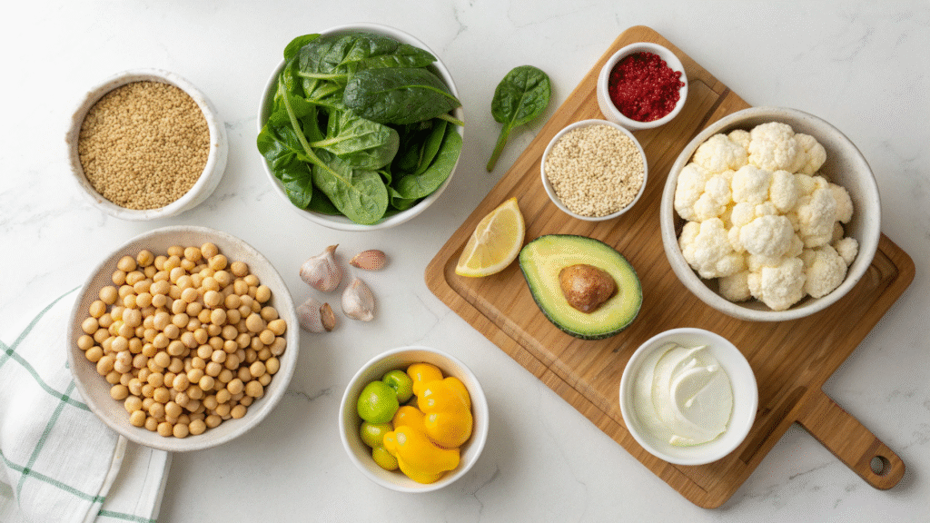 Flat lay of Zepbound recipe ingredients in bowls including veggies, grains, and yogurt.