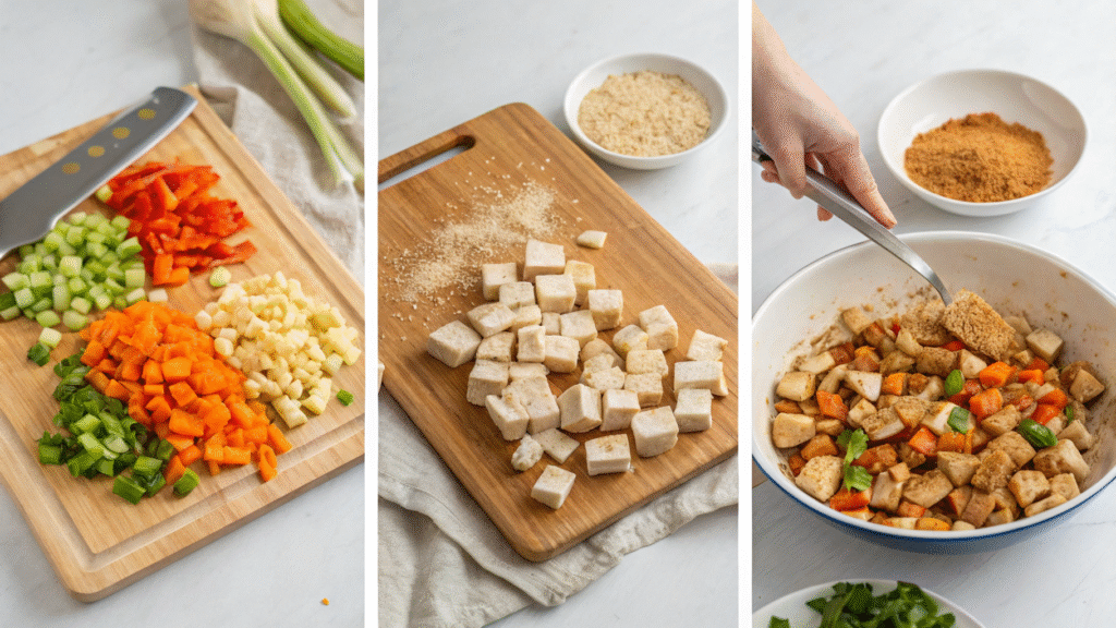Collage showing steps: chopping veggies, seasoning protein, mixing, and baking Zepbound meal.