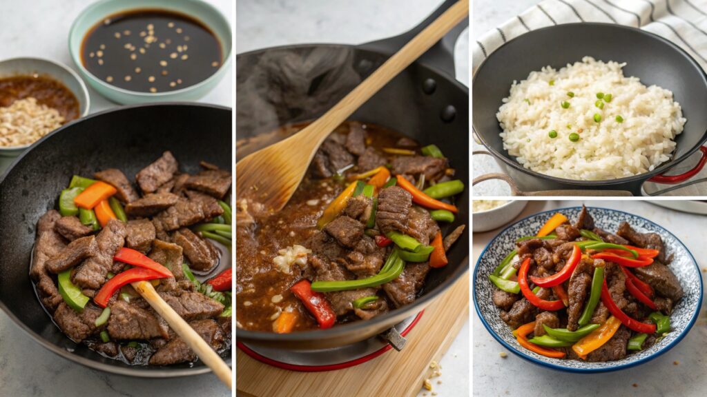 Collage showing the cooking process for Beef and Pepper Rice Bowls from start to finish