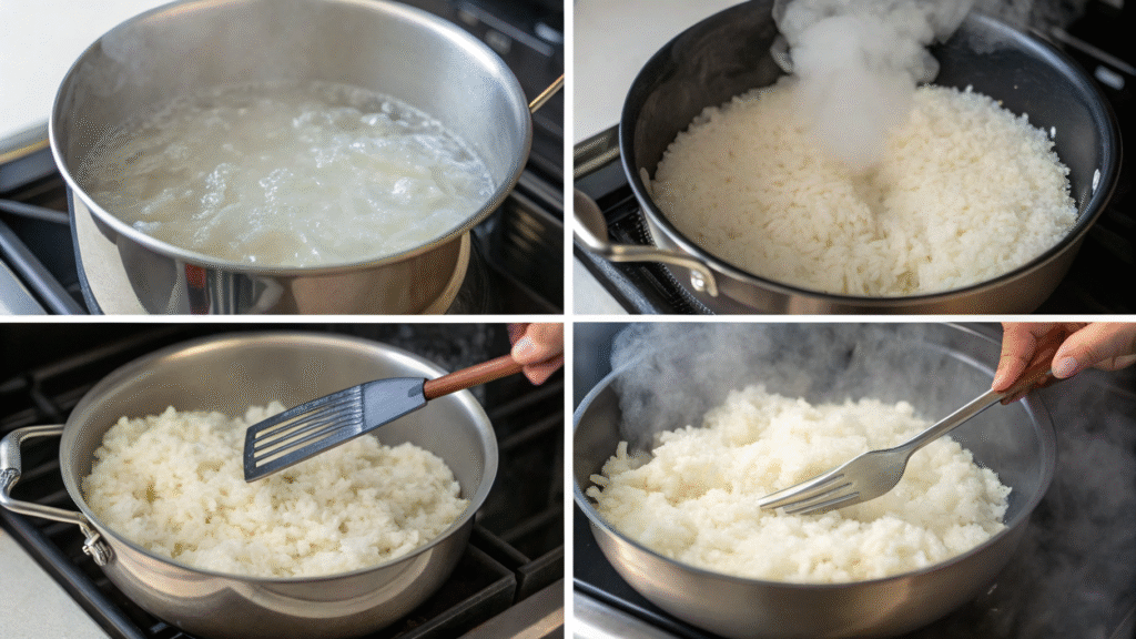 Visual guide showing boiling, adding rice, covering, and fluffing Minute Jasmine Rice.