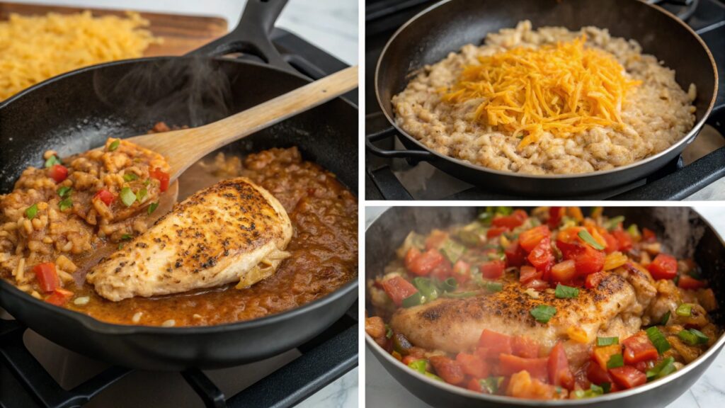 Visual guide of cooking Mexican cheesy chicken and rice in four stages