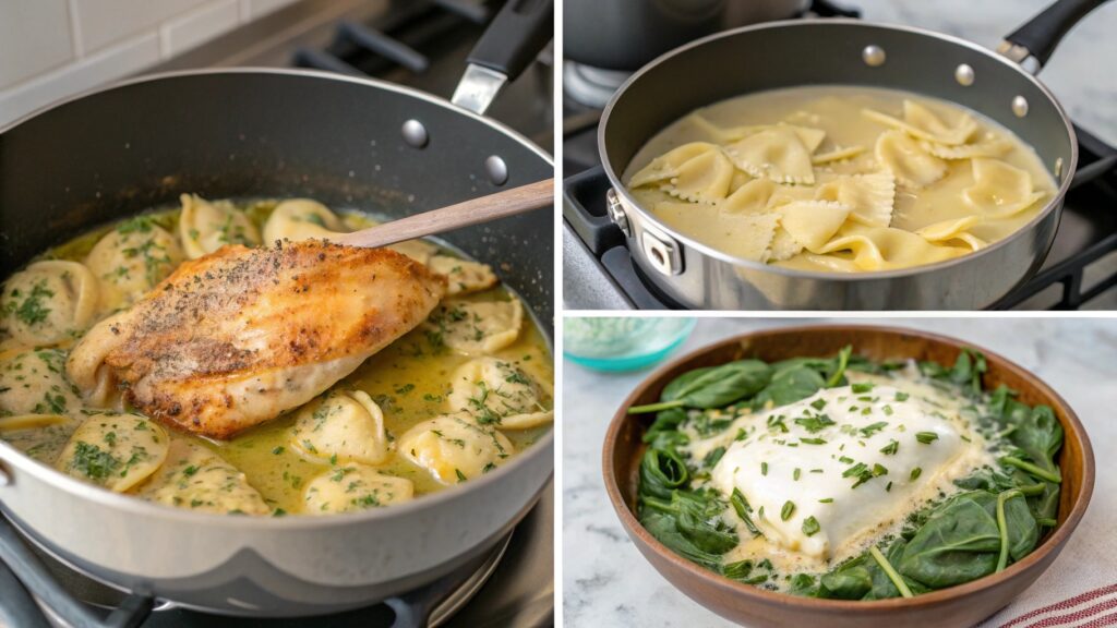 Collage showing steps to make Marry Me Chicken Tortellini Soup from cooking to serving