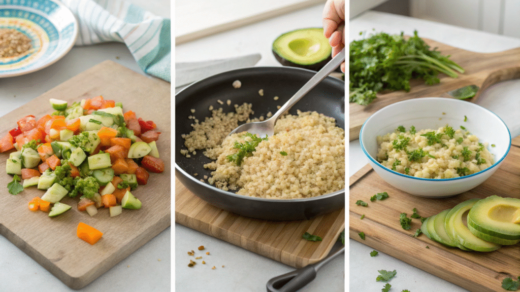 Four steps of making quinoa salad from prepping veggies to plating the final dish.