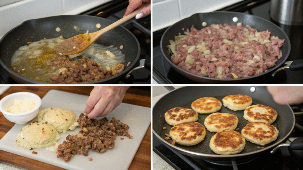 Visual guide showing cooking meat, forming and frying mashed potato pancakes step by step.