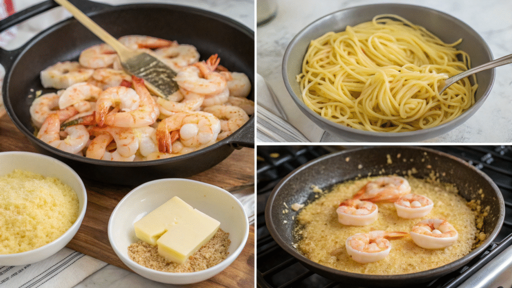 Collage showing shrimp being sautéed, pasta being mixed, topped with cheese, and baked to golden perfection.