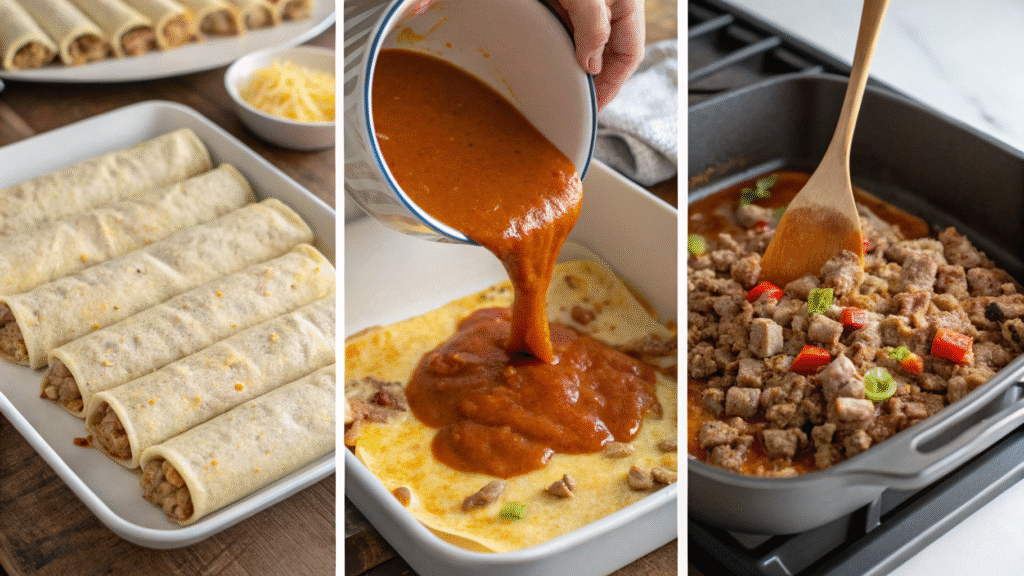 Collage of steps showing filling tortillas, making gravy, and baking the enchiladas to golden perfection.