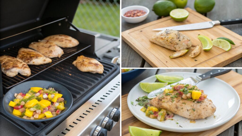 Collage of the Cancun Chicken cooking process from marination to plating