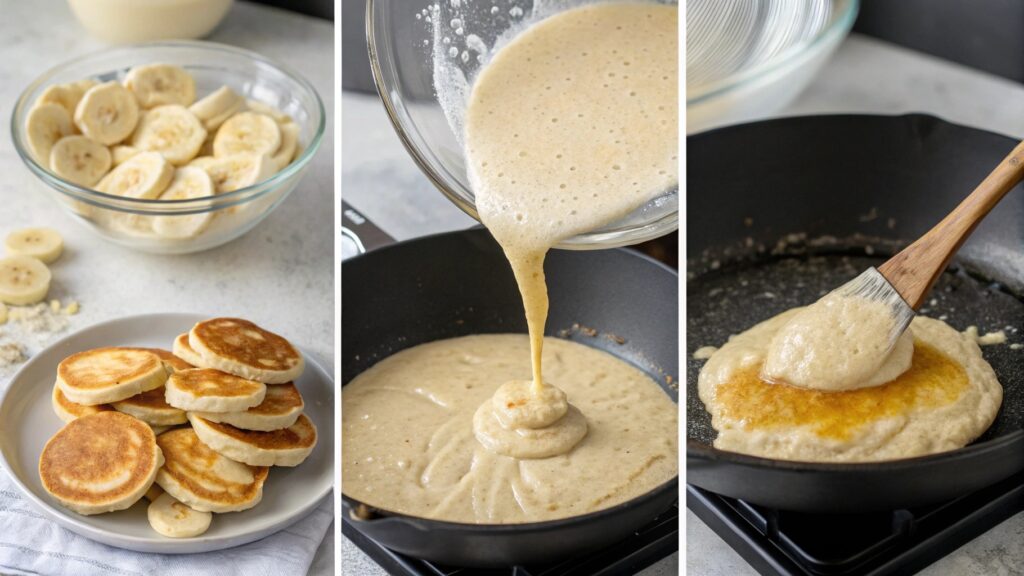 Collage showing banana pancake preparation from mixing to flipping