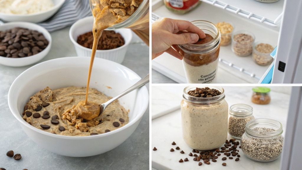 Step-by-step images showing the process of making overnight oats from mixing to storing.