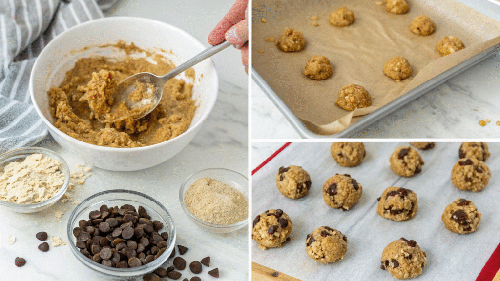 Step-by-step visuals showing how to mix, roll, and chill oat peanut butter balls.