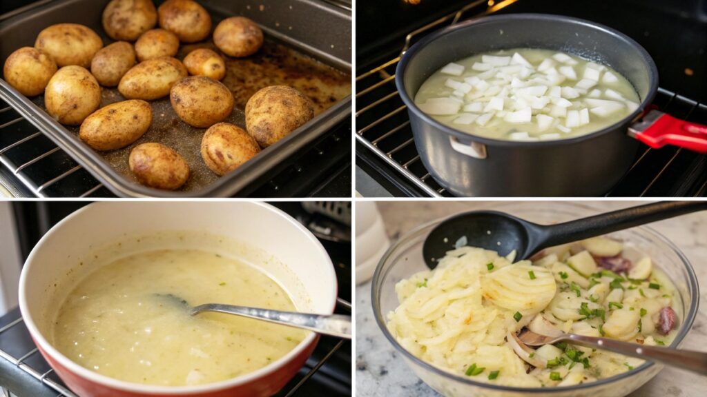 Visual steps showing how to make baked potato soup from baking to ladling