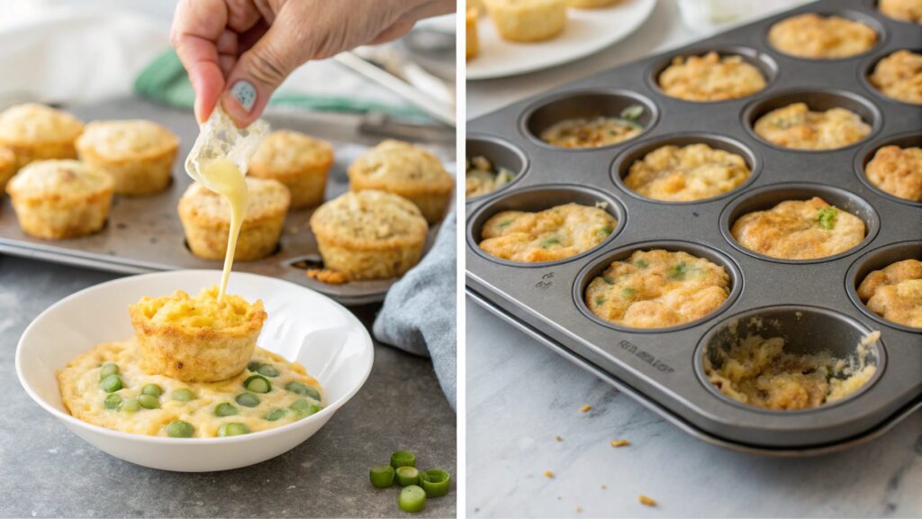 Visual steps showing how to make egg muffins with tater tot crust from crust to baking