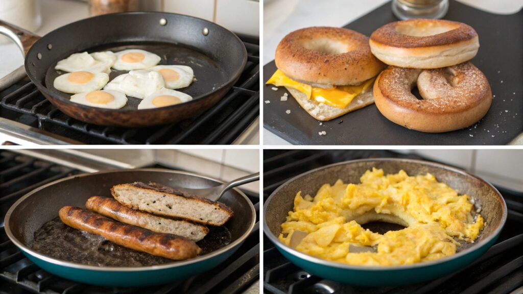 Collage of preparing breakfast bagels from cooking sausage to broiling assembled sandwiches