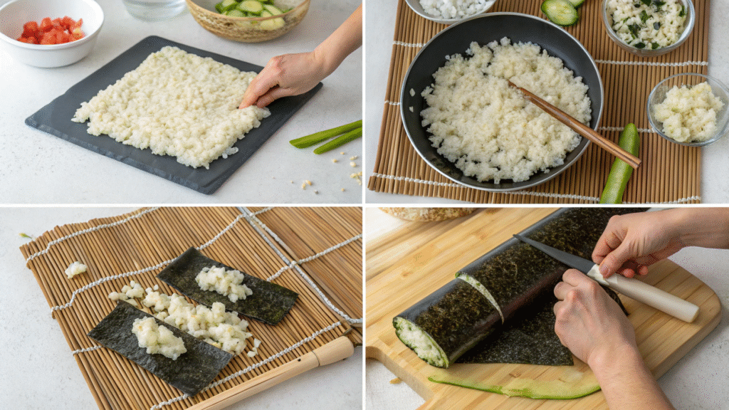 Visual guide showing the steps to make keto sushi from rice prep to rolling and slicing.
