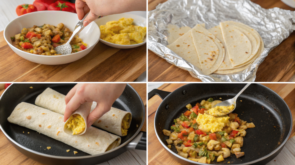Four steps showing how to cook and wrap healthy breakfast burritos for meal prep.