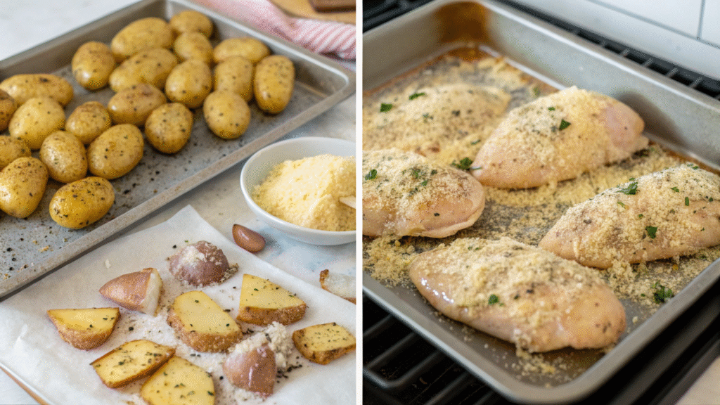 Step-by-step collage of seasoning, coating, baking, and the final Garlic Parmesan Chicken and Potatoes dish.