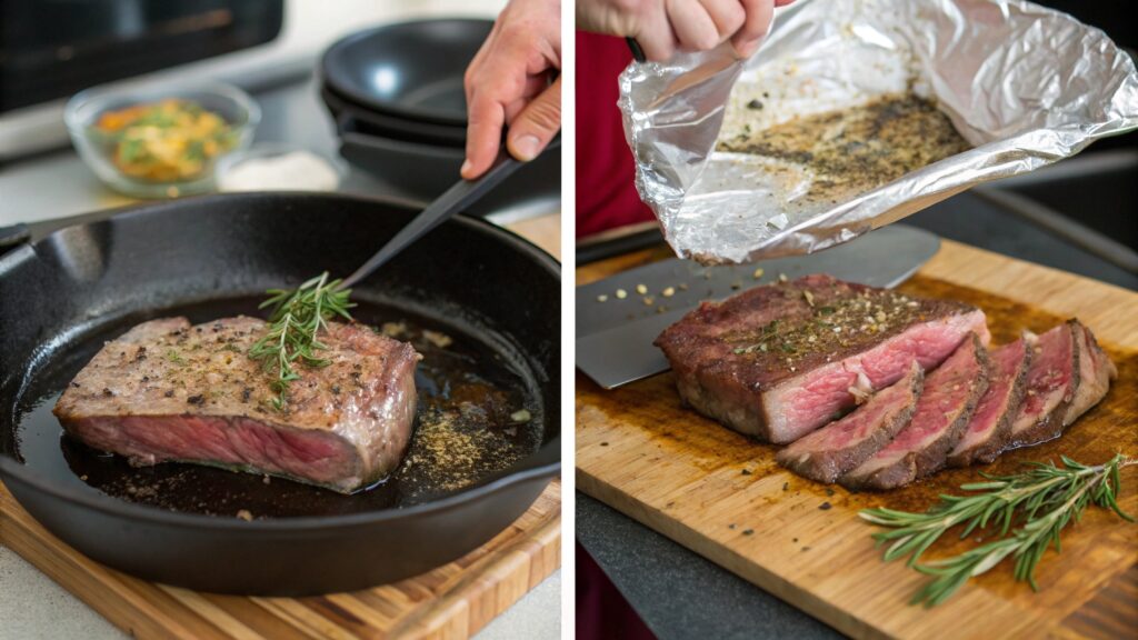 Visual steps for cooking Denver steak: seasoning, searing, resting, and slicing