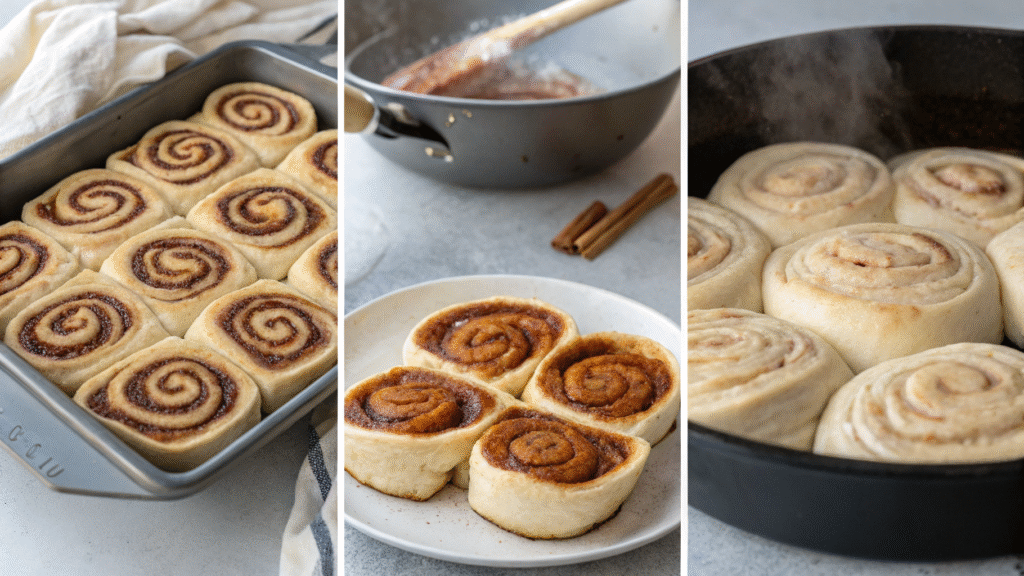 Visual steps showing how to make cinnamon roll French toast roll-ups from flattening to cooking.