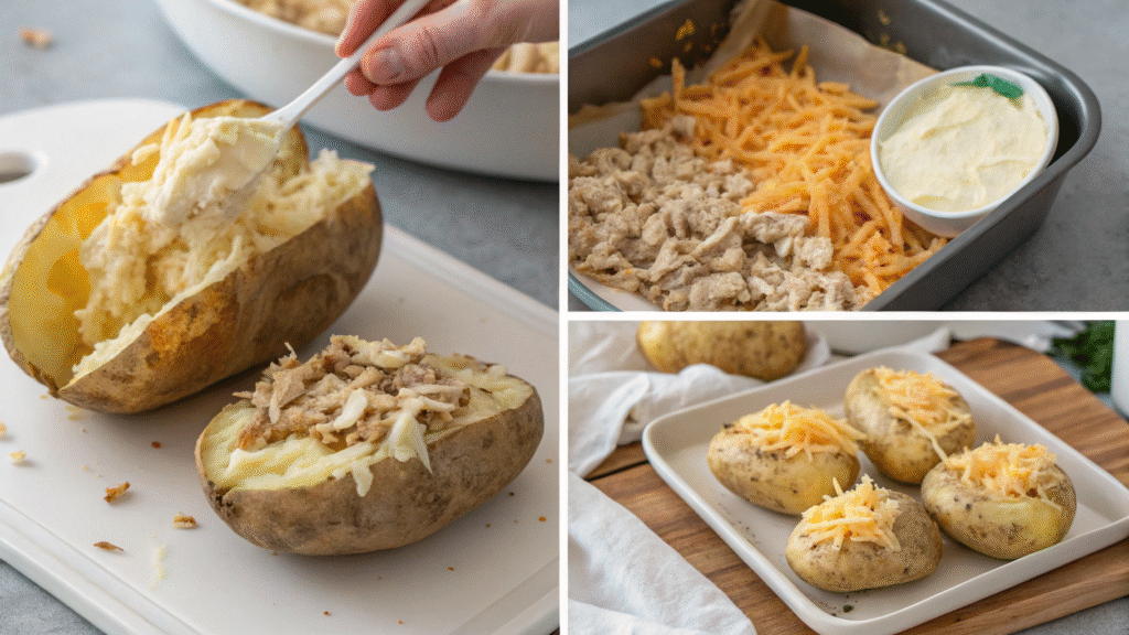 Visual sequence of preparing crack chicken, stuffing it into baked potatoes, and baking.