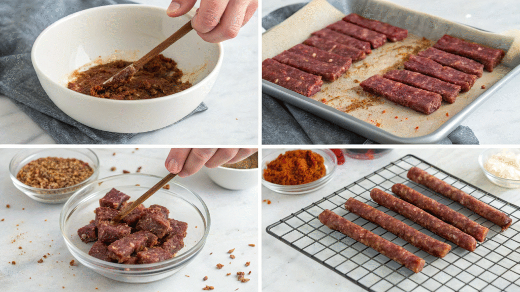 Four images showing the process of making beef sticks from mixing to baking.
