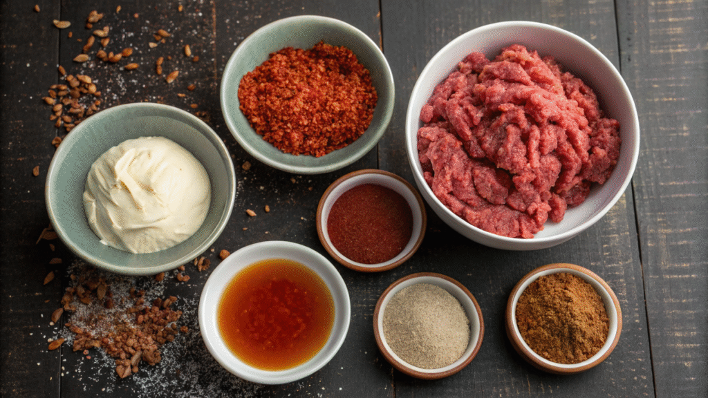 Ingredients like ground beef, spices, and Worcestershire sauce laid out in bowls on a kitchen counter.