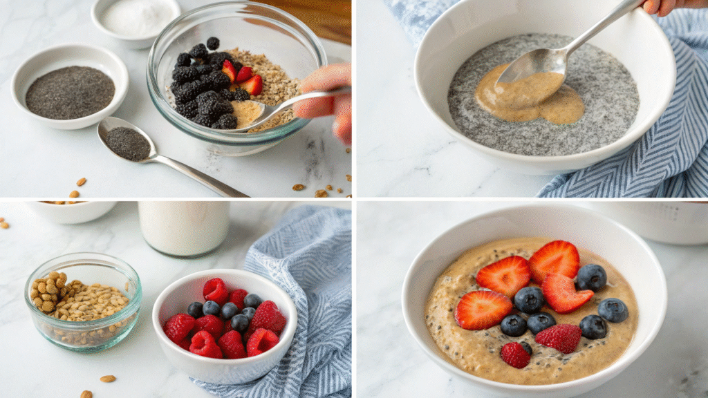 Step-by-step visuals showing how to prepare chia pudding with toppings for breakfast.