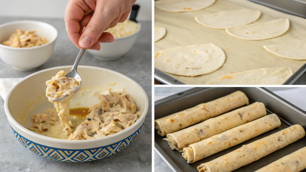 Step-by-step visuals of assembling and preparing chicken taquitos before baking.