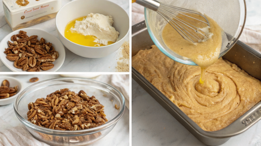 Photo collage of mixing ingredients, folding pecans, and filling a loaf pan with batter.