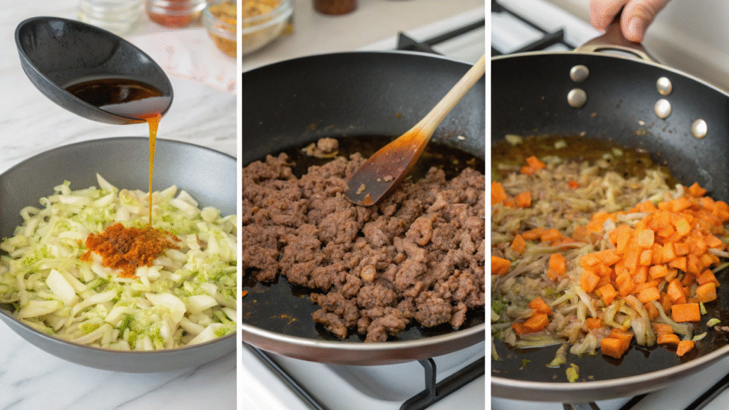 Collage showing key steps of making the stir fry from sautéing to combining ingredients in a skillet.