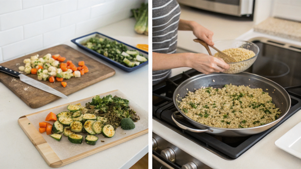 Photo collage showing steps for making a healthy roasted veggie and quinoa meal.